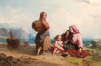 FISHERFOLK & CHILDREN ON A SCOTTISH BEACH OIL PAINTING (1 of 10)