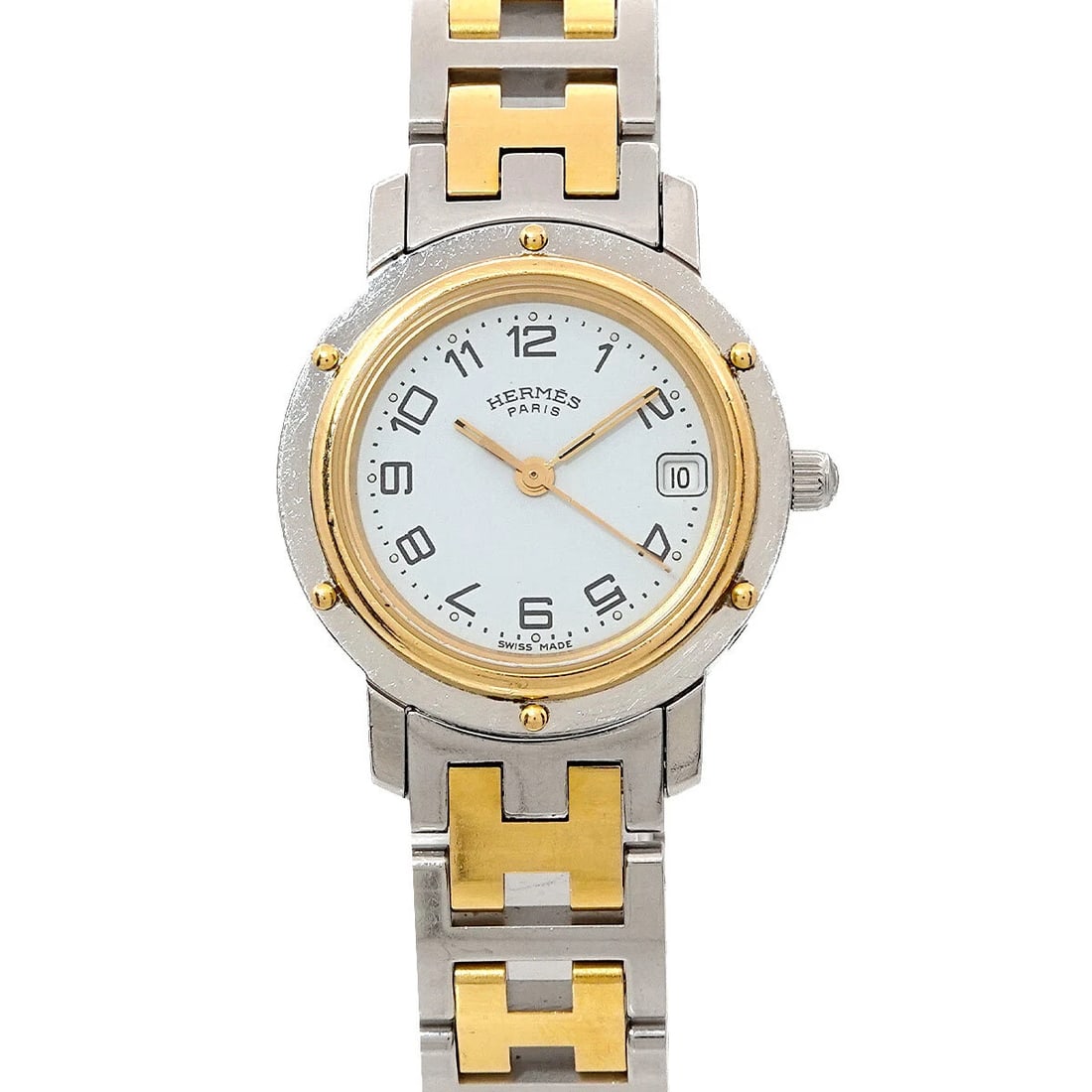 HERMES CLIPPER QUARTZ WHITE DIAL LADIES WATCH: HERMES Clipper Quartz White Dial Ladies Watch Brand: HERMES Type: Wristwatch Material: Stainless steel,GP Color: White Dial Size: Case Size Length 29mm(included lag) Width 24mm(not included crown)