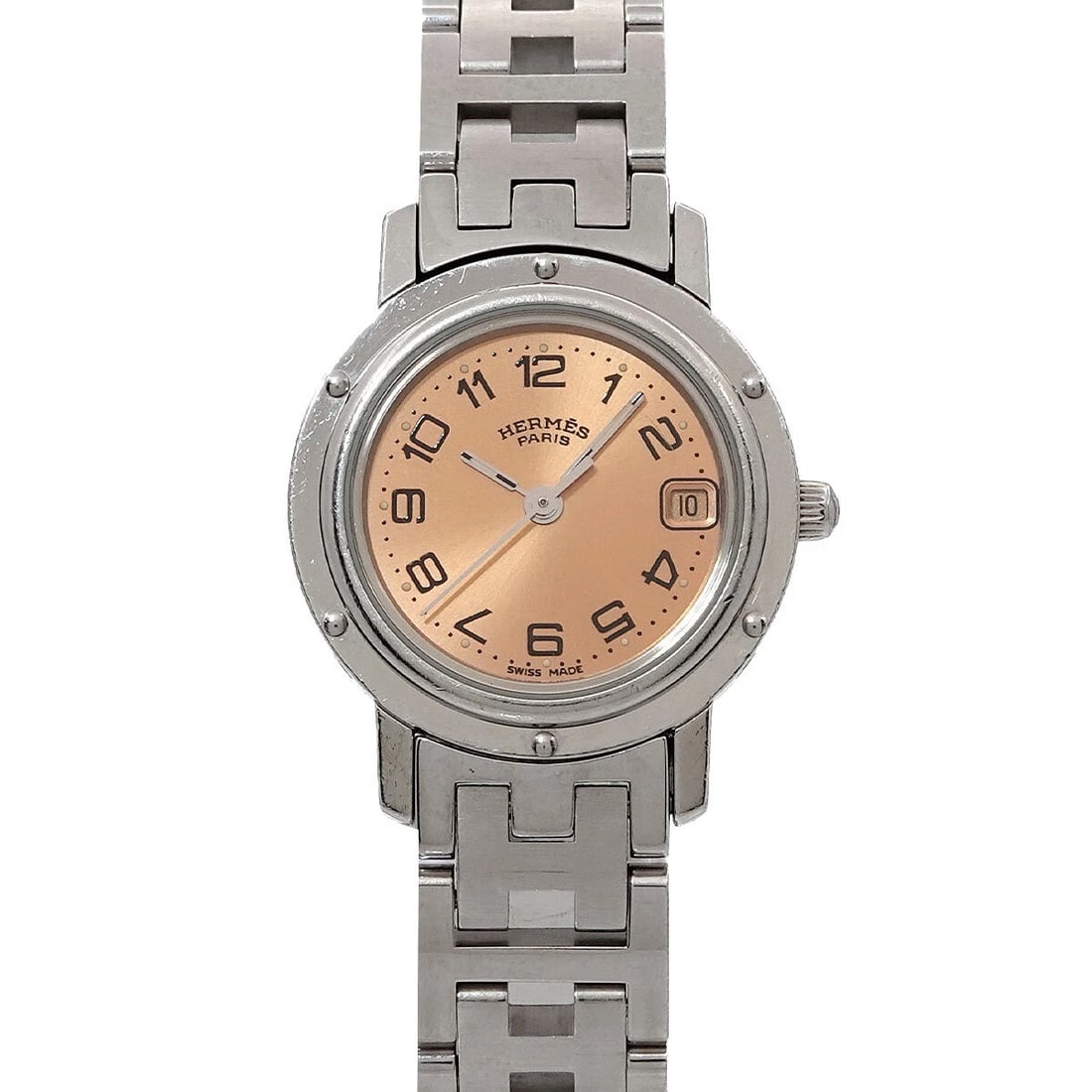 HERMES CLIPPER PINK DIAL QUARTS LADIES WATCH: HERMES Clipper Pink Dial Quarts Ladies Watch Brand: HERMES Type: Wristwatch Material: Stainless steel Color: Pink Dial Size: CaseSize Length 29mm(included lag) CaseSize Width 24mm(not included crown) 