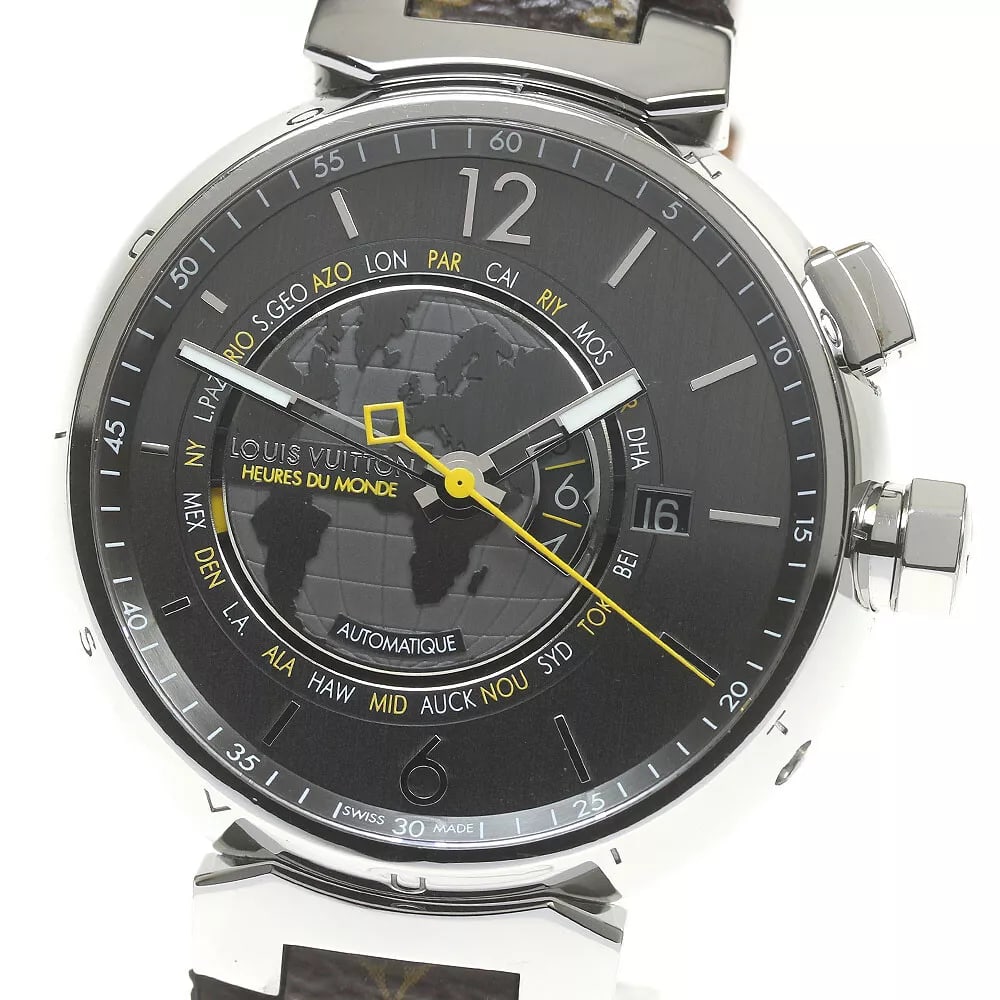 LOUIS VUITTON TAMBOUR WORLD TIMER GRAY DIAL AUTOMATIC MEN'S WATCH: LOUIS VUITTON Tambour World timer Gray Dial Automatic Men's Watch Brand: LOUIS VUITTON Type: Wristwatch Material: Case Material Stainless Steel, Band Material leather Color: Band Color Brown, Case Col