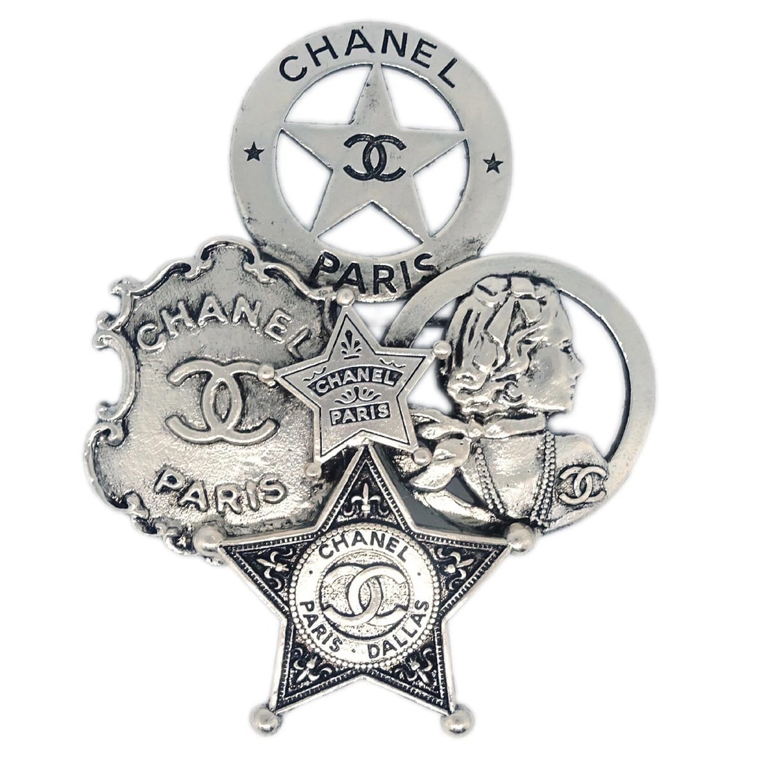 CHANEL BROOCH PIN CORSAGE SILVER: Chanel Brooch Pin Corsage Silver Brand: CHANEL Type: Brooch Material: Silver Plated Color: Silver Size: Size (CM): W 5.1 x H 6.3 cm Accessories: None Accessories Notice: When purchasing pr