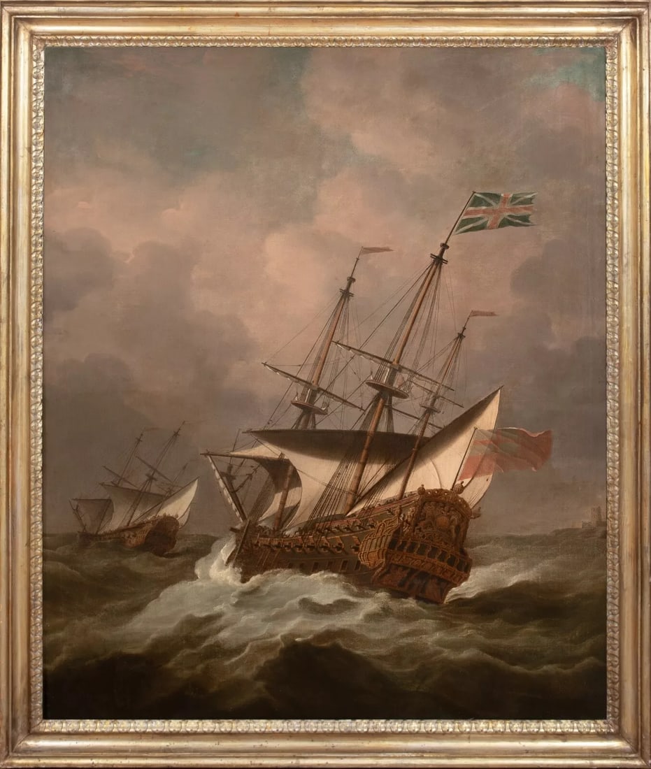 HMS RESOLUTION IN A GALE OIL PAINTING: Year: 17th century Size: 59" x 50" Medium: Oil Description: Huge oil painting by Willem Van De Velde depicting the third-rate British Royal Navy ship, HMS Resolution, navigating a gale in the 17th cen