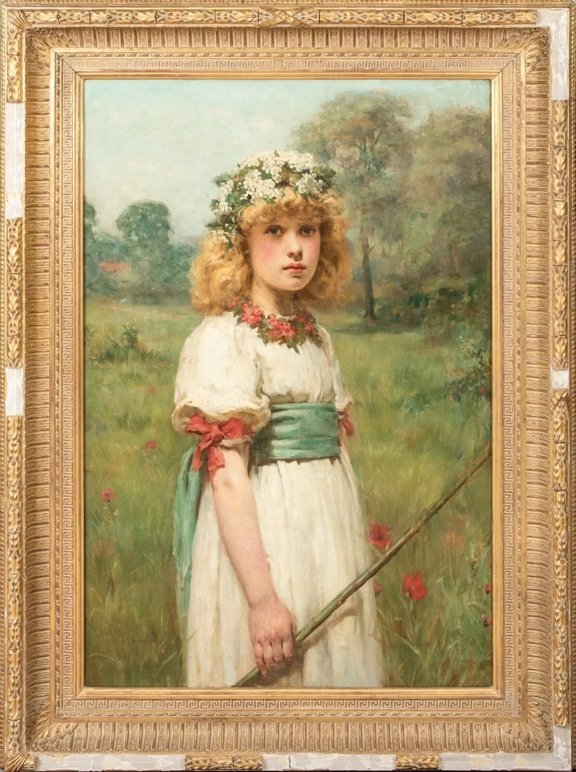 PORTRAIT OF A YOUNG GIRL AS MAY QUEEN OIL PAINTING: Year: 19th century Size: 51" x 37" Medium: Oil Description: Valentine Cameron Prinsep's large oil on canvas early 19th-century English pre-Raphaelite image of a young girl as May Queen. Outstanding co