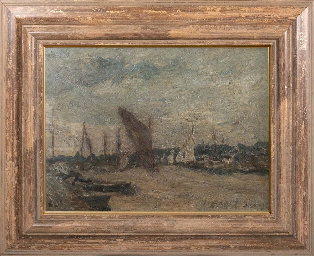 VIEW OF A BOATS IN A SUFFOLK HARBOUR OIL PAINTING: Year: 20th century Size: 21.5" x 18" Medium: Oil Description: English view of a boat in Suffolk Harbour in the 20th century, with oil on board by Edward Seago. An excellent specimen of the artist's wo