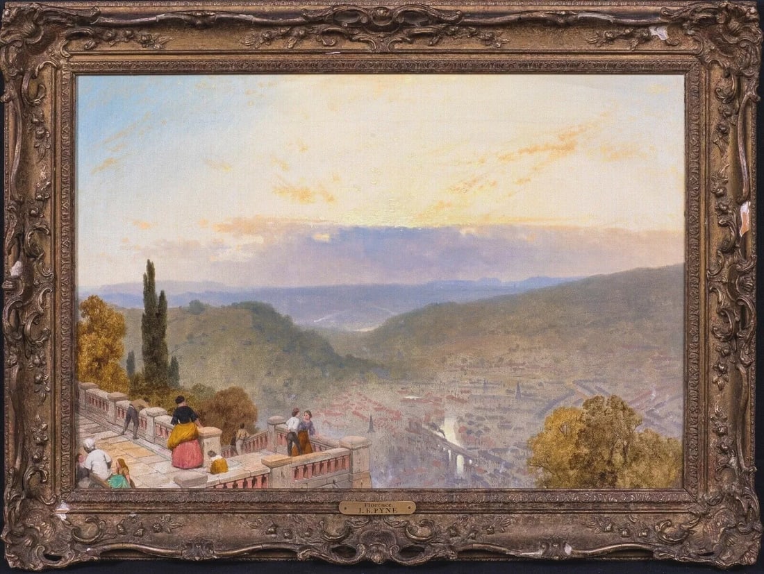 VIEW OF FLORENCE ITALY SAN MINIATO OIL PAINTING: Year: 19th century Size: 75cm x 55cm Medium: Oil Description: Beautiful huge oil painting by James Baker Pyne from the 19th century that shows Florence at sunset from the San Miniato church. A rare ea