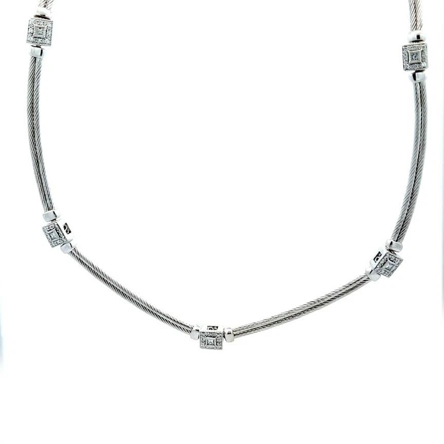 PHILIPPE CHARRIOL CUBE MOTIFS DOUBLE CABLE NECKLACE: Philippe Charriol Cube Motifs Double Cable Necklace Brand: Philippe Charriol Type: Necklace Material: 18k white gold Color: White Size: Measurement: 16" long x 3mm wide Accessories: None A