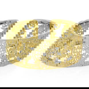 JUDITH RIPKA DIAMOND FLEUR DE LIS WIDE CUFF BRACELET: Judith Ripka Diamond Fleur de Lis Wide Cuff Bracelet Brand: Judith Ripka Type: Bracelet Material: 18k yellow gold Color: Yellow Size: 6.5" with opening x 0.98" wide x 0.13" high Accessories: None