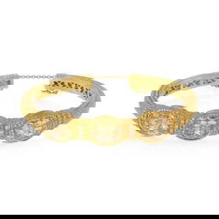 JUDITH RIPKA DIAMOND 18K YELLOW GOLD: Judith Ripka Diamond 18k Yellow Gold Brand: Judith Ripka Type: Bracelet Material: 18k yellow gold Color: Yellow Size: 6" with opening Front: 2.20" across x 0.42" wide x 0.29" thick Accessories: N