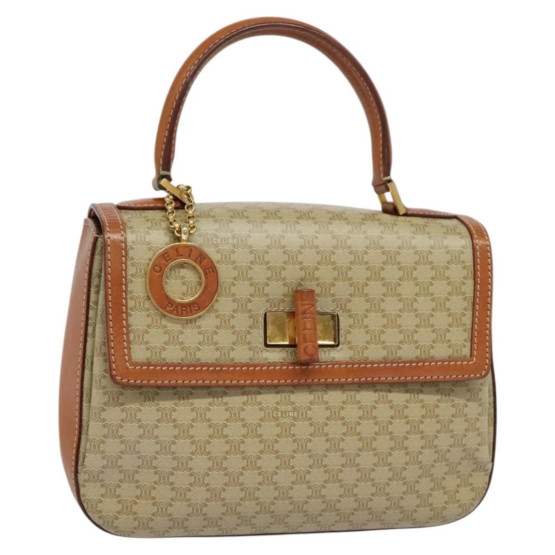 CELINE MACADAM CANVAS HAND BAG BEIGE GOLD: CELINE Macadam Canvas Hand Bag Beige Gold Brand: CELINE Type: Hand Bag Material: PVC Leather Color: Beige / Gold Size: W9.8 x H7.1 x D3.1inch(Approx) Handle Drop:5.1inch(Approx) Accessories: None