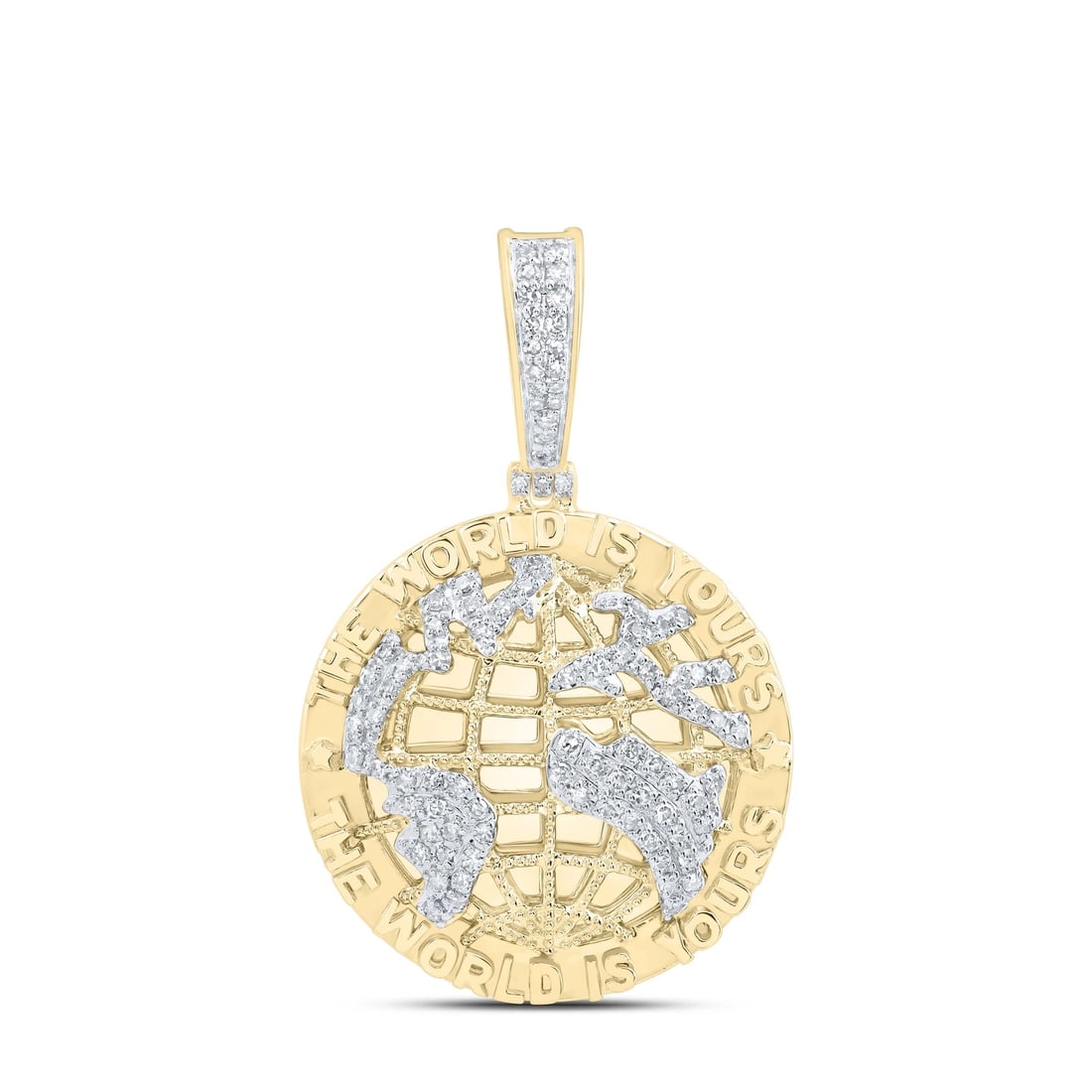 10K YELLOW GOLD ROUND DIAMOND THE WORLD IS YOURS GLOBE MAP PENDANT: 10K Yellow Gold Round Diamond The World Is Yours Globe Map Pendant Brand: JFL Diamonds & Timepieces Type: Pendant Material: Gold Color: Main Stone Color:White Size: Pendant Length:1.55" (Including
