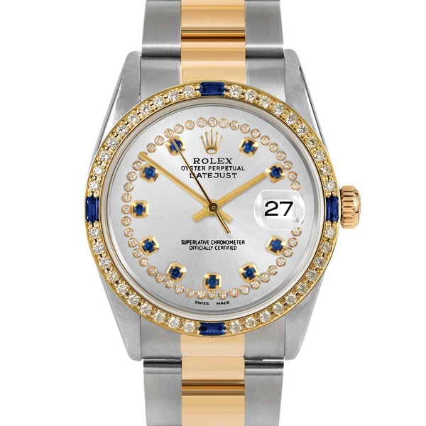 Rolex Datejust 36mm, Custom Silver Sapphire with String Diamond Oyster Custom Sapphire and Diamond: Rolex Datejust 36mm, Custom Silver Sapphire with String Diamond Oyster Custom Sapphire and Diamond Brand/Model: Rolex Datejust material: Yellow Gold & Stainless Steel Dial: Custom Silver Sapphire wi
