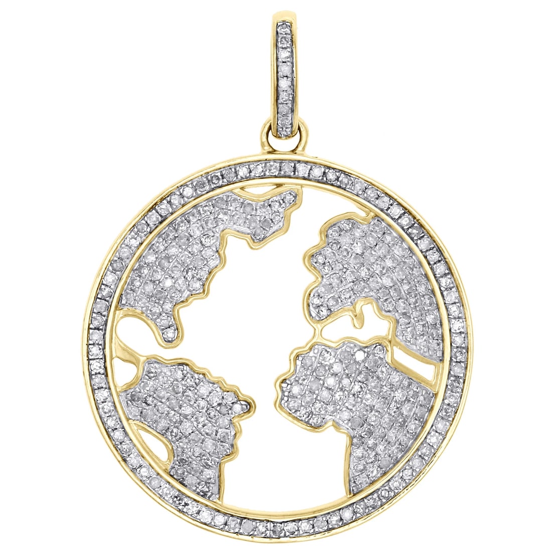 10K YELLOW GOLD GENUINE DIAMOND WORLD MAP PENDANT: 10K Yellow Gold Genuine Diamond World Map Pendant Brand: JFL Diamonds & Timepieces Type: Pendant Material: Yellow Gold Color: Main Stone Color:White Size: Pendant Length:1.70" (including bail)Pend