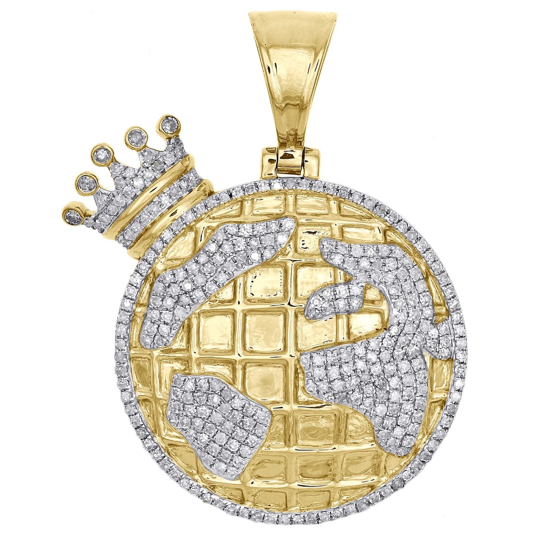 10K YELLOW GOLD MENS DIAMOND CROWN WORLD MAP PENDANT: 10K Yellow Gold Mens Diamond Crown World Map Pendant Brand: JFL Diamonds & Timepieces Type: Pendant Material: Metal Type:Yellow GoldMetal Purity:10k Color: Fancy Diamond Color:White Size: Pendant