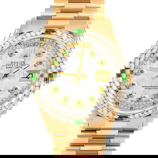 ROLEX DAY-DATE 36MM, CUSTOM MOTHER OF PEARL EMERALD WITH STRING DIAMOND PRESIDENT CUSTOM EMERALD AND: Rolex Day-Date 36mm, Custom Mother of Pearl Emerald with String Diamond President Custom Emerald and Diamond Brand/Model: Rolex Day-Date  Material: Yellow Gold  Dial: Custom Mother of Pearl Emerald wi