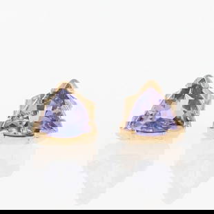 LE VIAN TRILLION TANZANITE SOLITAIRE STUD PAIR EARRINGS: Le Vian Trillion Tanzanite Solitaire Stud Pair Earrings Brand: Le Vian Type: Earrings Material: 14k Yellow Gold Color: Main Stone Color: Violetish Blue Size: Earring Measurement: 6.1 x 6.5mm Acce