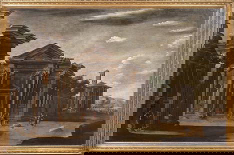 VIEW OF AN ARCHITECTURAL CAPRICCIO OIL PAINTING: Year: 17th century Size: 73" x 48" Medium: Oil Description: An enormous Italian Old Master painting from the 17th century depicting an architectural capriccio with individuals outside a Roman temple.