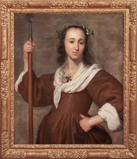 PORTRAIT OF A LADY AS DIANA OIL PAINTING: Year: 17th century Size: 37" x 32" Medium: Oil Description: Salomon De Bray is credited with this large 17th-century oil on canvas portrait of a lady dressed as Diana by a Dutch Old Master. Superior