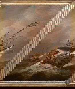 HMS RESOLUTION IN A GALE OIL PAINTING: Year: 17th century Size: 59" x 50" Medium: Oil Description: Huge oil painting by Willem Van De Velde depicting the third-rate British Royal Navy ship, HMS Resolution, navigating a gale in the 17th