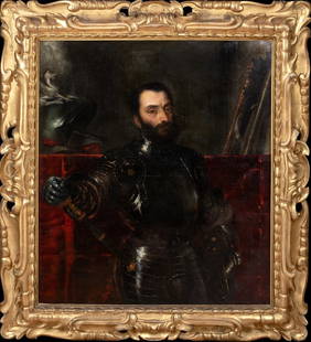 PORTRAIT OF FRANCESCO MARIA DELLA ROVERE OIL PAINTING: Year: 17th century Size: 58" x 52" Medium: Oil Description: Large oil on canvas portrait of Francesco Maria Della Rovere, Duke of Urbino, from the 17th century by an Italian painter. Titian's