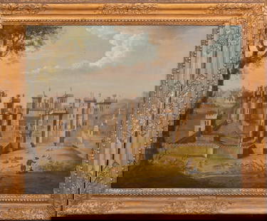 VIEW OF PONTEFRACT CASTLE, WEST YORKSHIRE OIL PAINTING: Year: 17th century Size: 40" x 33" Medium: Oil Description: An expansive oil painting from the 17th century depicting Pontefract Castle in West Yorkshire, derived from an engraving created by
