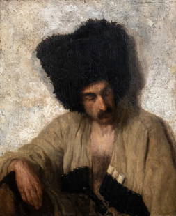 PORTRAIT OF A CIRCASSIAN GUERILLA OIL PAINTING: Year: 19th century Size: 41" x 35" Medium: Oil Description: A large oil painting of a Circassian guerrilla from the Russian School of the 19th century. Wearing his papakha and leaning against a rural