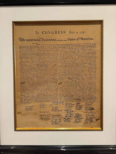 DECLARATION OF INDEPENDENCE JULY 4TH 1776: Year: 19th century Size: Measurement of paper 17 x 21 inches. Frame 31.2 inches by 35 inch Description: Measurement of paper 17 x 21 inches. Frame 31.2 inches by 35 inches with Black frame and gold