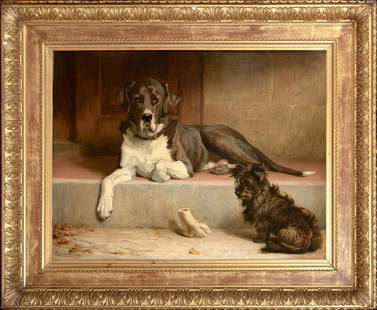 GREAT DANE & TERRIER DOG OIL PAINTING: Year: 20th century Size: 48" x 40" Medium: Oil Description: Margaret Collyer's large oil painting from 1907 depicts a Great Dane and a Black Terrier sitting on an outdoor step. The Great Dane is seen