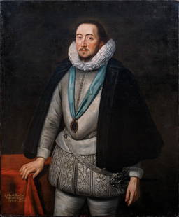 PORTRAIT OF GILBERT TALBOT OIL PAINTING: Year: 16th century Size: 47" x 39" Medium: Oil Description: Large oil painting from the 16th century depicting Gilbert Talbot, 7th Earl of Shrewsbury. Lord Talbot, an English peer and baron, is