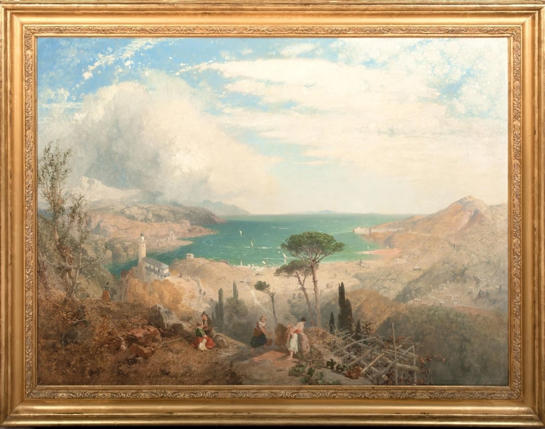 THE GULF OF SPEZIA OIL PAINTING: Year: 19th century Size: 55" x 42.5" Medium: Oil Description: Large oil painting by James Baker Pyne from the 19th century depicting a panorama of the Gulf of Spezia. Figures are in the foreground in