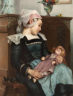 PORTRAIT OF A BRETON GIRL & DOLL OIL PAINTING: Year: 19th century Size: 33" x 28" Medium: Oil Description: Large oil on canvas portrait by David Adamson from the 19th century depicting a young Breton girl clutching her favorite doll. Lovely genre