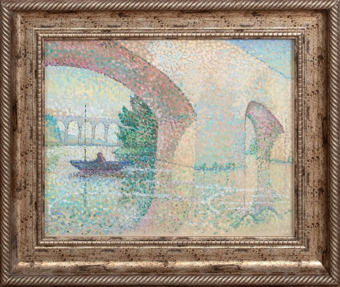 RIVER LANDSCAPE OIL PAINTING: Year: 20th century Size: 26" x 22.5" Medium: Oil Description: Leon De Smet's oil on panel, Pointillist Impressionist River Landscape, 1956. A little individual in a boat is situated beneath the shade