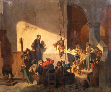 SCHOOL OF THIEVES OIL PAINTING: Year: 19th century Size: 36" x 31" Medium: Oil Description: Large oil on canvas painting depicting a school for thieves from the 19th century in Italy. Unusual and wonderfully drawn interior scene sho