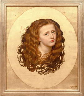 PORTRAIT OF A REDHAIRED GIRL OIL PAINTING: Year: 19th century Size: 27" x 32" Medium: Oil Description: Joh Harris Valde Sr.'s large oil and gold leaf portrait of a young, red-haired girl from the 19th century's Pre-Raphaelite movement. A portr
