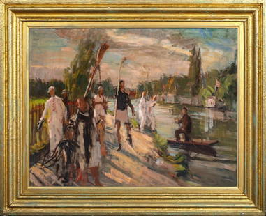 COXLESS FOURS AT THE END OF THE DAY, HENLEY OIL PAINTING: Year: 20th century Size: 36" x 28" Medium: Oil Description: John Cosmo Clark's oil painting from around 1946 depicts a large group of coxless fours following a race at Henley-on-Thames. London painter
