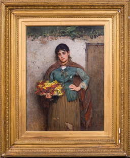 PORTRAIT OF AN ITALIAN FLOWER GIRL OIL PAINTING: Year: 19th century Size: 80cm x 65cm Medium: Oil Description: Carlton Alfred Smith created this exquisite huge oil painting of an Italian flower girl from the 19th century. A superb example of a well-