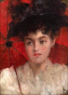 LADY PARASOL PORTRAIT OIL PAINTING: Year: 20th century Size: 22" x 17" Medium: Oil Description: Large painting on panel Edwardian portrait of a woman wearing a red parasol, approximately 1900. Singed and in its original antique gilded f