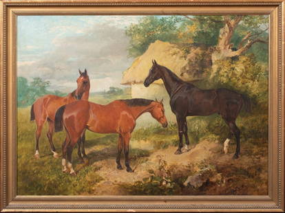 THREE HORSES IN A WOODLAND OIL PAINTING: Year: 19th century Size: 39" x 29" Medium: Oil Description: Large oil painting of a Venetian canal from the 19th century Italian School. The view is in good condition and captures the building details