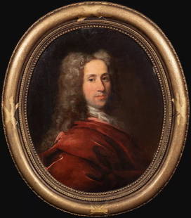 PORTRAIT OF MONSIEUR DE COTTE OIL PAINTING: Year: 18th century Size: 37" x 31" Medium: Oil Description: Huge oil on canvas portrait of Monsieur De Cotte, created in France approximately 1710. Oval portrait in excellent quality and condition wit