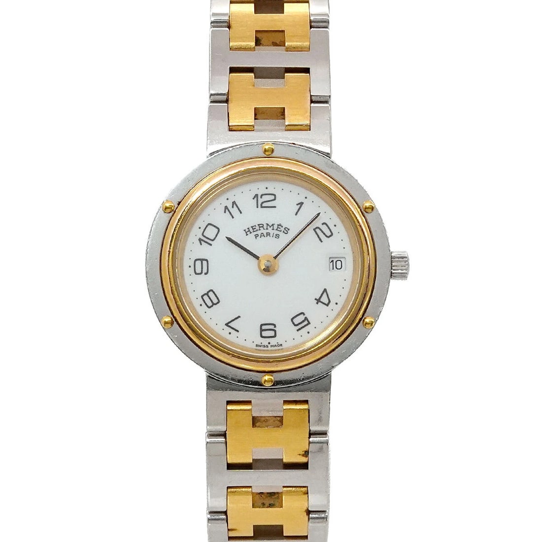 HERMES CLIPPER QUARTZ DATE WHITE DIAL LADIES WATCH: HERMES Clipper Quartz Date White Dial Ladies Watch Brand: HERMES Type: Wristwatch Material: Stainless steel/YGP Color: none Size: Case Size Length 32mm(included lag) Width 24mm(not included crown)