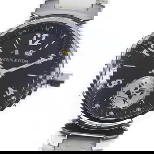 LOUIS VUITTON TAMBOUR BLACK DIAL QUARTZ LADIES WATCH: LOUIS VUITTON Tambour black Dial Quartz Ladies Watch Brand: LOUIS VUITTON  Type: Wristwatch  Material: Case Material Stainless Steel, Band Material rubber  Color: Case Color Silver, Band Color white,