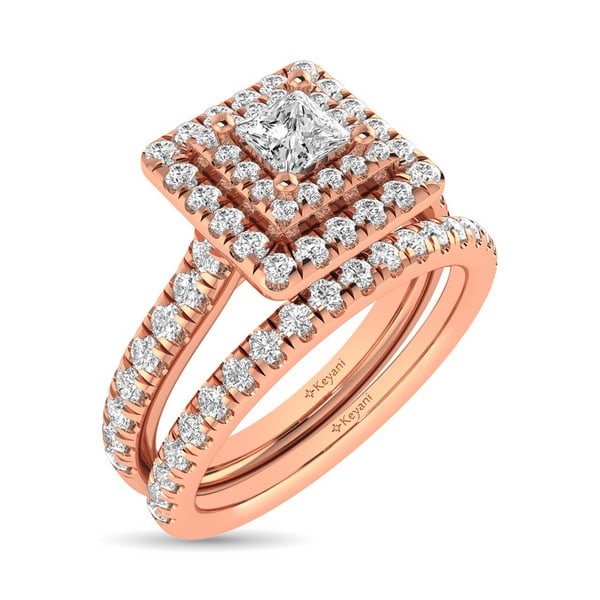 DIAMOND CLASSIC SHANK DOUBLE HALO BRIDAL RING PRINCESS: Diamond Classic Shank Double Halo Bridal Ring Princess Type: Bridal Sets Stone Shape: Princess Stone Type: Diamond Metal Type: Rose Gold Size: 9 US Accessories: None Accessories Notice: Wh