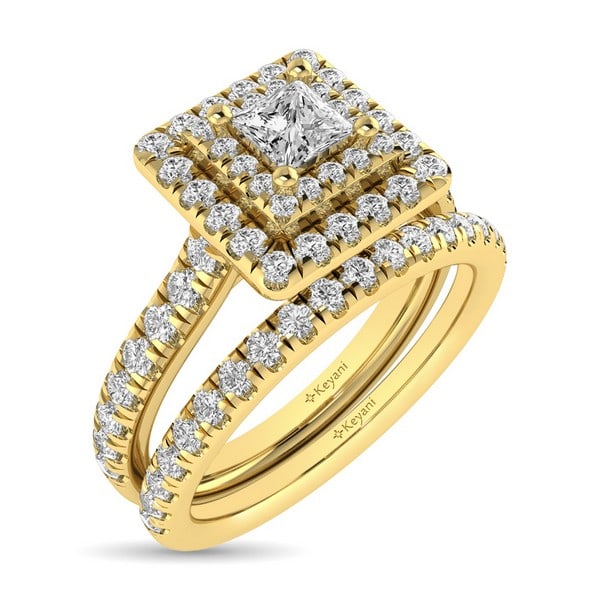 DIAMOND CLASSIC SHANK DOUBLE HALO BRIDAL RING PRINCESS: Diamond Classic Shank Double Halo Bridal Ring Princess Type: Bridal Sets Stone Shape: Princess Stone Type: Diamond Metal Type: Yellow Gold Size: 5 US Accessories: None Accessories Notice: