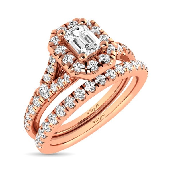 DIAMOND SPLIT SHANK SINGLE HALO BRIDAL RING EMERALD: Diamond Split Shank Single Halo Bridal Ring Emerald Type: Bridal Sets Stone Shape: Emerald Stone Type: Diamond Metal Type: Rose Gold Size: 4 US Accessories: None Accessories Notice: When p