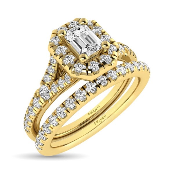 DIAMOND SPLIT SHANK SINGLE HALO BRIDAL RING EMERALD: Diamond Split Shank Single Halo Bridal Ring Emerald Type: Bridal Sets Stone Shape: Emerald Stone Type: Diamond Metal Type: Yellow Gold Size: 8 US Accessories: None Accessories Notice: When