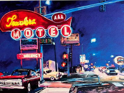 AFTER BOB DYLAN LITHOGRAPH ORIGINAL SIGNED OP NUMBERED: Bob Dylan Lithograph Original Signed Op Numbered Brand: Unbranded Size: 33 x 43 cm Description: Hotel at night" 'Retrospectrum' Itinerant exhibition, Tulsa, Shanghai, Miami, Rome 33 x 43 cm Accesso
