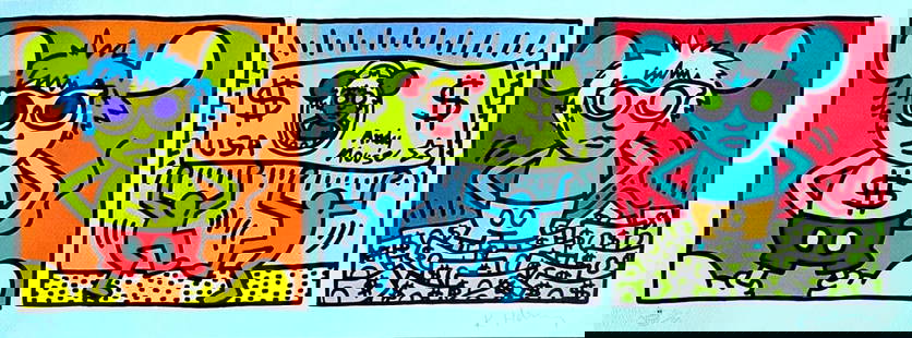 AFTER KEITH-HARING LITHOGRAPHIE DE UN PEINTURE NUMÉROTÉ: Keith-Haring Lithographie de Un Peinture Numéroté Brand: - Sans marque/Générique -  Size: 30 x 81 cm  Description: Triptyque d'Andy Mouse Chromolithographie imprimé en 1989 à 180 exemplaires par
