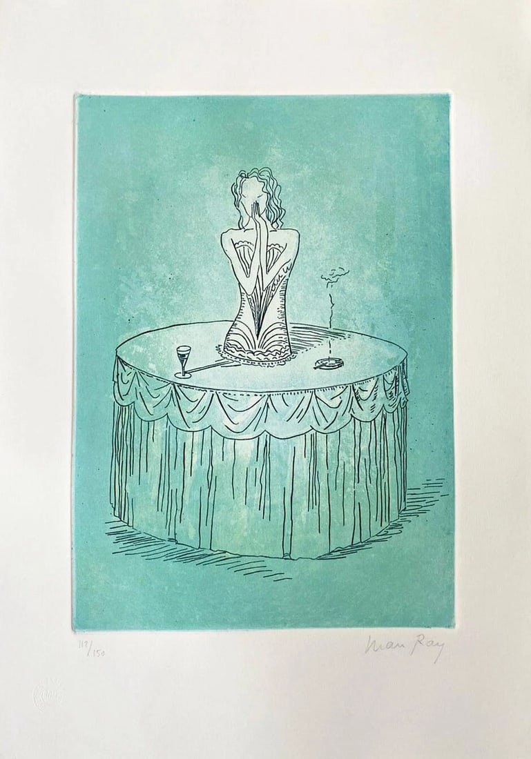 AFTER MAN RAY ORIGINAL ETCHING HAND SIGNED RARE NUMBERED: Man Ray Original Etching Hand Signed Rare Numbered Brand: Unbranded Size: 35x50 cm Description: Bal Costume Art portfolio containing a poem by Ezra Pound, a well-known friend of the artist to whom h