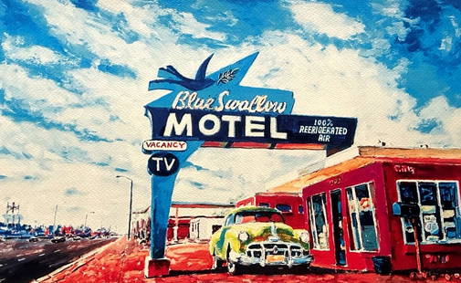 AFTER BOB DYLAN LITHOGRAPH ORIGINAL SIGNED OP NUMBERED BY HAND: Bob Dylan Lithograph Original Signed Op Numbered By Hand Brand: Unbranded Size: 32 x 46 cm Description: Blue Swallow Motel" 'Retrospectrum' Itinerant exhibition, Tulsa, Shanghai, Miami, Rome 32 x 46