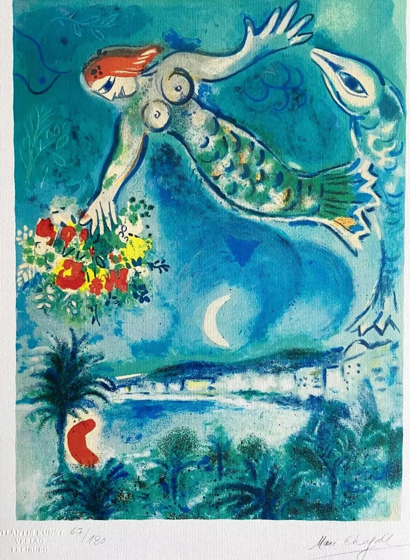 AFTER MARC CHAGALL ORIGINAL LITHOGRAPH HAND NUMBERED SIGNED COLLECTIBLE: Marc Chagall Original Lithograph Hand Numbered Signed Collectible Brand: Unbranded Size: 30 x 40 cm Description: Siren in Nice Chromolithograph printed in 1978 in 180 copies by Atlantis Verlag, Frei