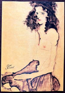AFTER EGON SCHIELE LITHOGRAPH FROM AN ORIGINAL PAINTING SIGNED: Egon Schiele Lithograph From An Original Painting Signed Brand: Outlet  Size: 30 x 43 cm  Description: Black-haired girl Chromolithograph printed in 1978 in 180 copies by Atlantis Verlag, Freiburg 30